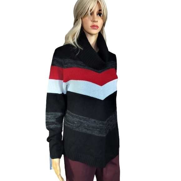 BCX Black, Red, and Gray Striped Cowl Neck Sweater - Picture 2 of 8